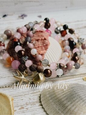 FALL + Rose Pink jade  and Brown Multi-Strand Charm Bracelet shell charms